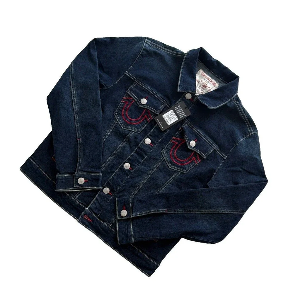 True Religion Men’s Dark Hawk Denim Trucker Jacket Size S Horseshoe Logo NWT